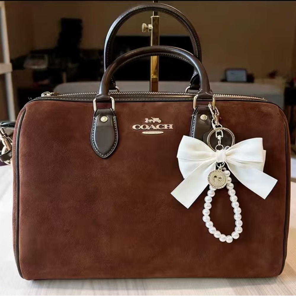 Coach Brown Suede Satchel with White Bow & Pearl Charm
